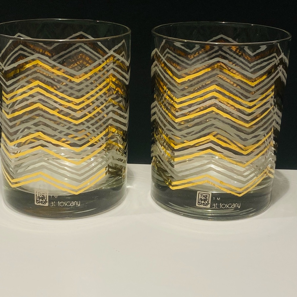 Vintage Tuscany Set of 2 Whiskey Glasses Gold Grey Signed 4”